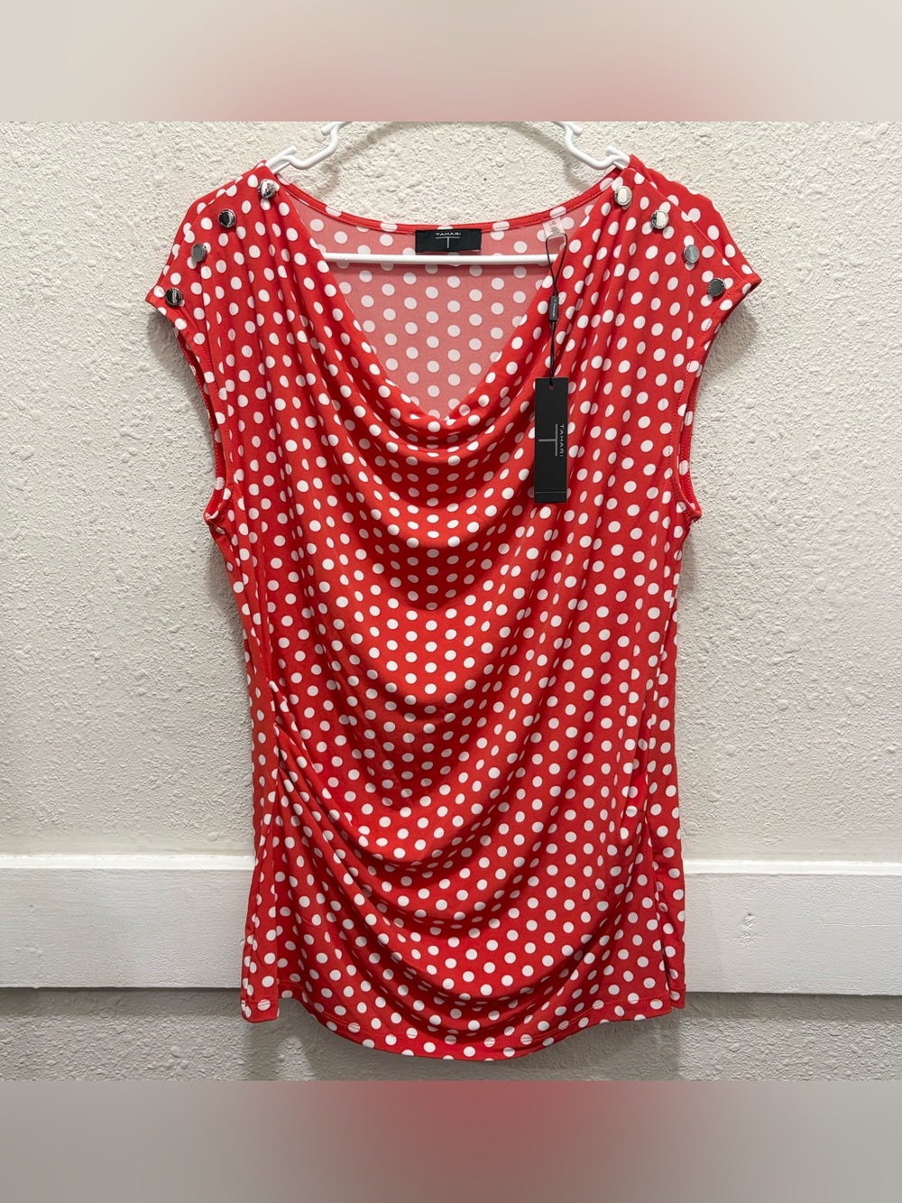 Tahari Red Polka Dot Drape Neck Blouse